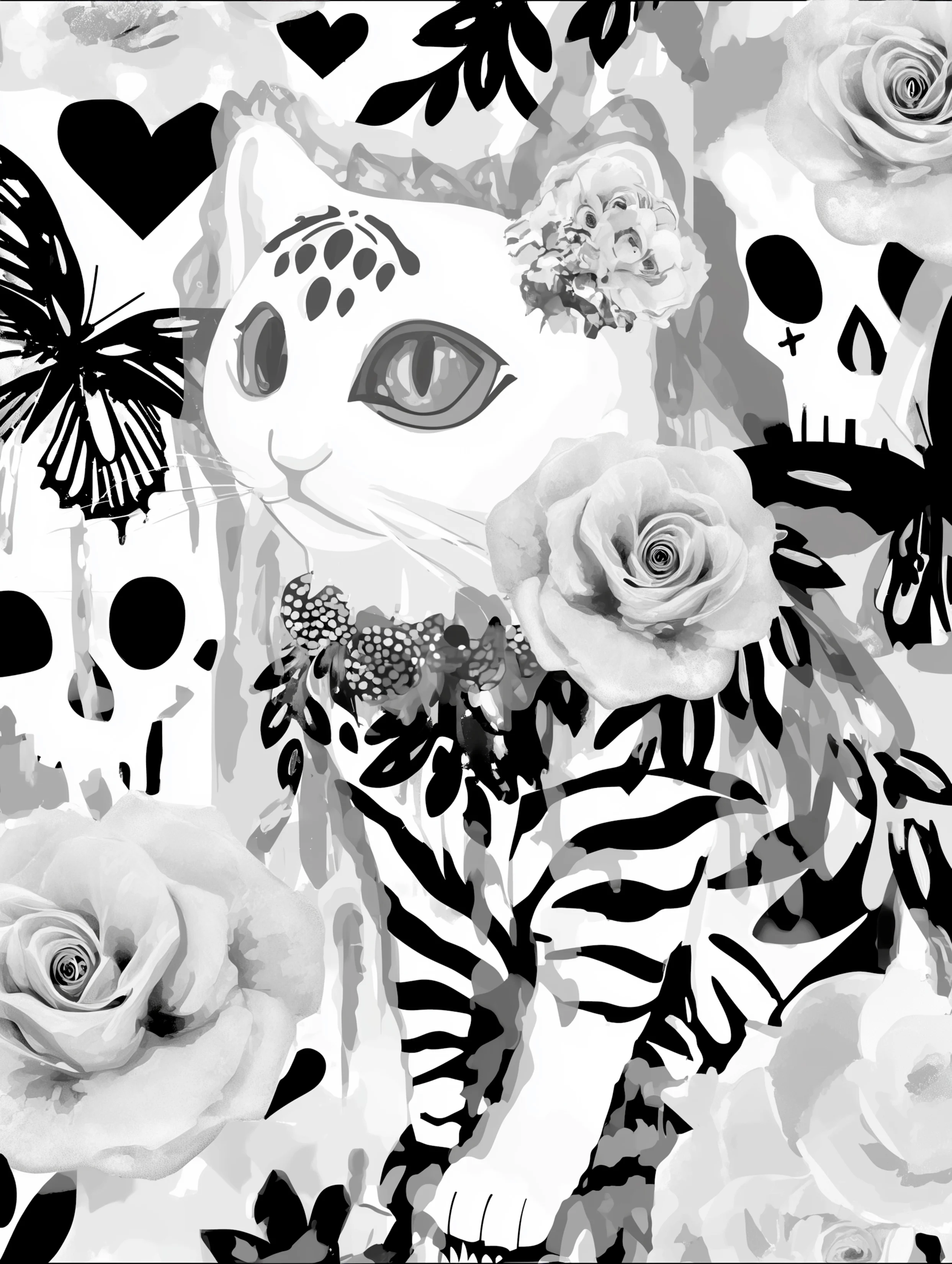 Free printable kitten coloring page featuring two skulls with a striped cat